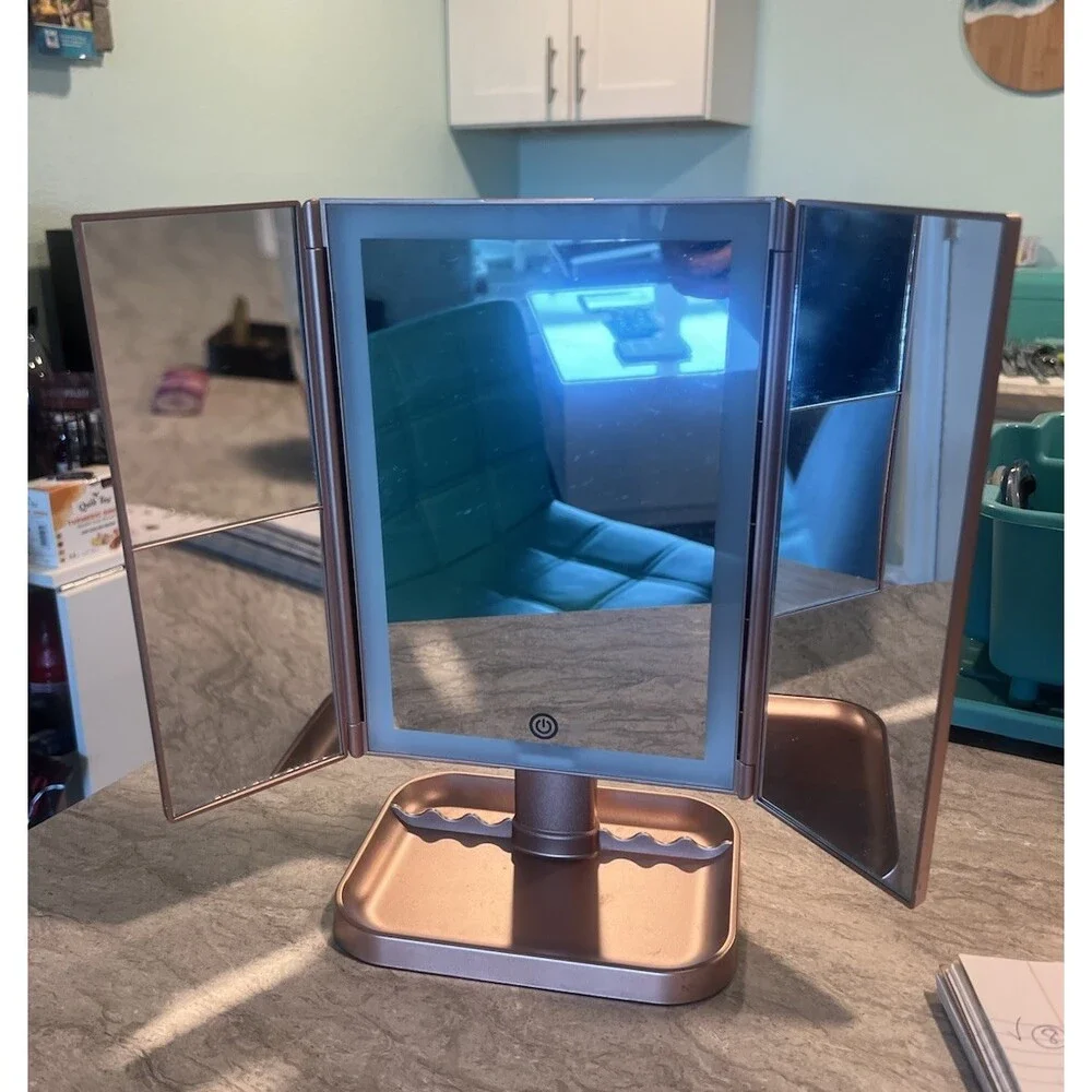 Rose Gold Trifold LED Lighting Cosmetic Mirror